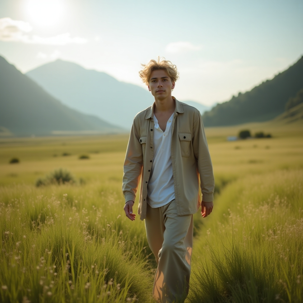 I need a nice image of a person wandering in meadows of Southern Areas of Pakistan. A young lad in pant shirt, blonde.
