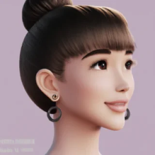 Use photo as reference and create a Highly detailed 3D rendered portrait of a woman in Disney Pixar animation style with exact same face as uploaded photo, soft and smooth skin with subtle glow, Elegant high bun hairstyle with loose strands framing the face and soft bangs, dark brown hair with realistic texture. Wearing large gold hoop earrings, delicate gold necklace with a small diamond pendant, and a strapless black elegant dress. Solid muted mauve-pink background, soft studio lighting with gentle highlights and shadows, cinematic close-up composition from chest up, ultra-realistic yet animated style like modern Pixar or Disney, intricate details on hair and jewelry, flawless rendering, 8k resolution, masterpiece.