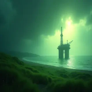 Green lush land with an ocean and Oilrig in the middle