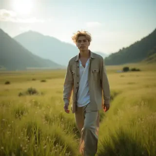 I need a nice image of a person wandering in meadows of Southern Areas of Pakistan. A young lad in pant shirt, blonde.